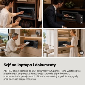 Sejf hotelowy elektroniczny z zamkiem na kod, na laptopa 15″ i dokumenty, 200 x420x370 mm: ALFRED