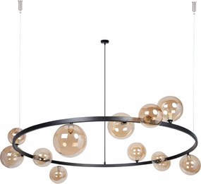 Bolero Sigma 126 – duży nowoczesny żyrandol do salonu, czarna obręcz, 12 kloszy bursztynowych