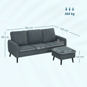 HOMCOM Sofa narożna, 3-osobowa sofa z pufą, Obicie z tkaniny, Zestaw sof L-kształt, Ciemnoszary