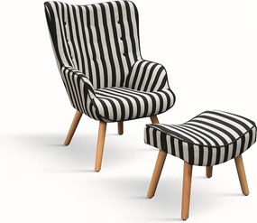 Fotel z tkaniny w czarno-białe paski, drewniane nogi, z podnóżkiem - HAVANA