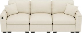 Sofa 3-osobowa - 242 x 88 x 80 cm - ze składanym stolikiem + portem USB + ukrytym schowkiem - aksamit - beż