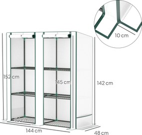 Outsunny Mini szklarnia z 3-poziomową półką, osłona z plastiku, odporna na UV, przenośna, drzwi rolowane, 144 x 48 x 152 cm, Biała