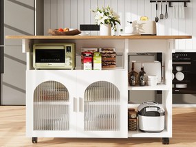 Wyspa kuchenna - wózek na kółkach z rozsuwanym blatem - 2 drzwi i 3 otwarte przegrody - Biały