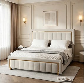 Łóżko z Pojemnikiem 160x200 cm Beżowy Aksamit z Pikowanym Zagłówkiem i Przechowywaniem, Współczesny Skandynawski Design, Nośność 250 kg, Bez Materaca