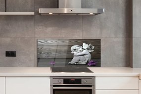Szklany Panel Aniołek wśród Kwiatów na Drewnie