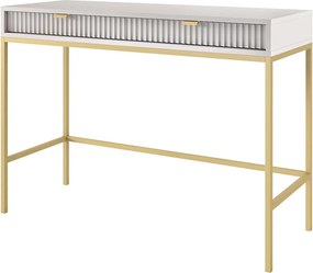 Toaletka Geriffelt z złotymi uchwytami, stalowa rama, biurko MDF, 2 szuflady, rzeźbiona fasada, 104x78x50 cm, matowy szary, złote metalowe nogi