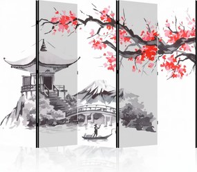 Parawan pokojowy 5-częściowy 225x172 Jednostronny dekoracyjny japandi Szary Pejzaż Z Pagodą