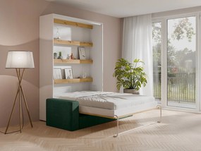 Łóżko chowane w szafie 160 x 200 cm - Ręczne otwieranie pionowe - Z LEDami - Białe i naturalne + kanapa Zielona - RAPILI