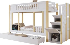 Łóżko piętrowe dla dzieci - 2 x 90 x 200 cm - ze schodkami do przechowywania + 3 szuflady - sosna + MDF + sklejka - białe + naturalne