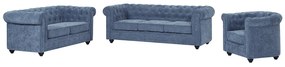 Kanapa 3-osobowa, 2-osobowa i fotel z niebieskiej tkaniny CHESTERFIELD