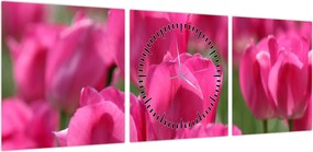 Obraz - Różowe tulipany (z zegarem) (90x30 cm)