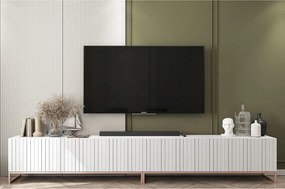 Szafka RTV z 8 drzwiami – Korpus Biały mat, frezowane fronty Biały mat – 300 cm, metalowy stelaż