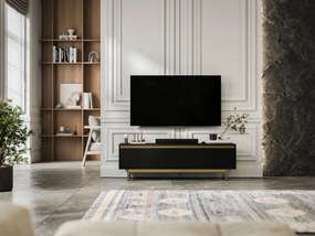 Ryflowana szafka RTV Selene 140 cm, czarna na złotych nóżkach