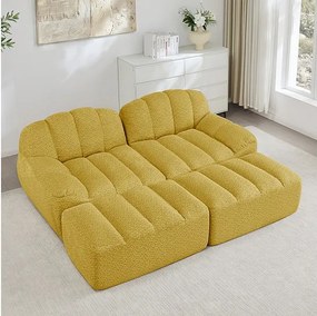 Canapé 2 places modulable en velours côtelé - avec 2 pouf - 68cm d'assise profonds - 210x165x79cm - Jaune