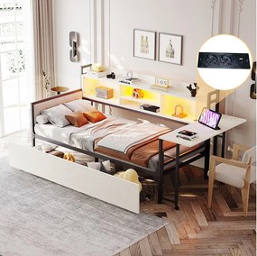 Sofa rozkładana 90x200 cm Łóżko dla dorosłych z gniazdami LED i USB, 2 szufladami i biurkiem - białe (bez materaca)