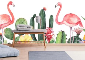 Fototapeta - Flamingi w kaktusach, akwarela (196x136 cm)