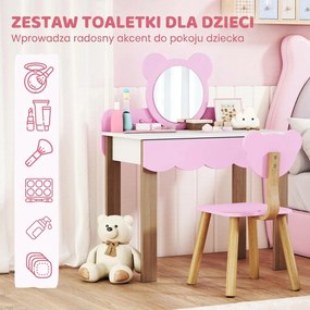 AIYAPLAY Zestaw toaletki dla dzieci z hokerem, lustro w kształcie misia, szuflada, MDF, różowy