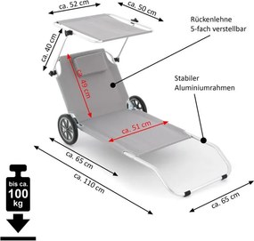 Składany leżak ogrodowy z kółkami i zadaszeniem, szary