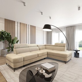 Masseno Narożnik AVISE z funkcją spania i pojemnikiem na pościel Narozniki L, Rozkładana sofa - Kremowy, MONOLITH 04