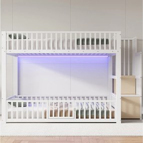 Łóżko piętrowe dla dzieci - 2 x 140 x 200 cm - z drabinką + diody LED - MDF + metal - białe