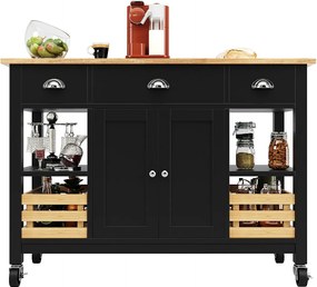 Mobilna wyspa kuchenna z 3 szufladami, 2 drzwiami i koszem do przechowywania - rozkładany blat - 120x45/73x90 cm - drewno MDF - czarny