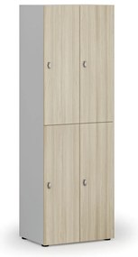 Drewniana szafka skrytkowa S4, 4 schowki, demontaż, zamek obrotowy, szary/dąb naturalny