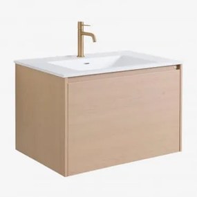 Zestaw Wiszących Mebli Łazienkowych 80x50 Cm Z Drewna Zintegrowany Z Umywalką Jacob Naturalna & Bezlusterkowiec & Szczotkowane Złoto ↑20 Cm Z Przelewo