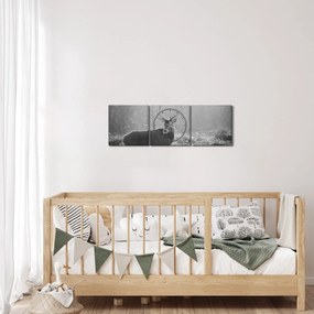 Obraz - Jeleń w lesie, czarno - biały (z zegarem) (90x30 cm)