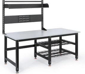 Stół pakowy PROFI z regulacją wysokości, 1800 × 900 × 790–940 mm z nadstawką i półkami