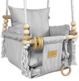 Szara welurowa huśtawka drewniana dla dziecka H3-A69