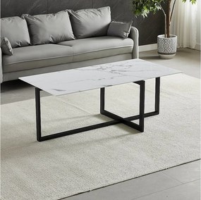 Prostokątny stolik kawowy – Hartowane szkło z efektem białego marmuru – Czarny metal – CHIARA