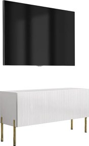 Szafka pod telewizor z ryflowanym frontem 100, Biały Mat, nóżki proste złote, 100 × 32 × 52 cm