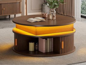 Okrągły podnoszony stolik kawowy 75x75x52 cm - z oświetleniem LED - 2 drzwi - przegródki do przechowywania - kolor orzechowy