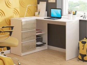 Biurko narożne AKORD B16 Białe 124 cm lewe 3 szuflady kolor Dąb Sonoma mat 2 półki 124x85x77 cm