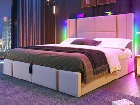 Łóżko tapicerowane 140x200 cm z tkaniny lnianej - z LED i funkcją ładowania - z stelażem na listwach - Beżowe