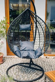 Czarne wiszące krzesło KOKON ze stojakiem, szara poduszka