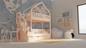 Łóżko piętrowe domek Marulla 108P ze schodkami, barierkami i otwartym daszkiem