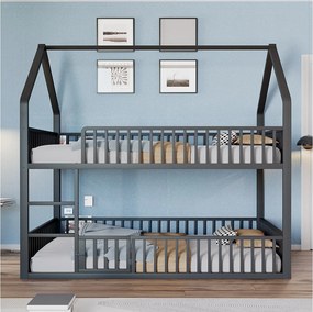 Łóżko piętrowe dla dzieci 140x200 cm ze schodkami i barierkami bezpieczeństwa, czarne – bez materaca