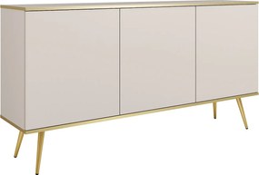 Komoda ORO K-160 nowoczesna 160 cm szeroka, beżowa, 2 drzwi, 2 szuflady, Push-to-Open, złote metalowe nogi 23 cm, laminat 16 mm