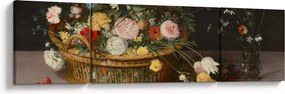 Obraz - Jan Brueghel the Elder, Flowers in a Basket and a Vase, reprodukcje (170x50 cm)