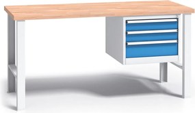 Profesjonalny stół warsztatowy G3 z drewnianym blatem roboczym, 1500 mm, 1x 3 szufladowy kontener, niebieski
