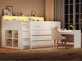 Łóżko piętrowe wysokie 90x200 cm - z 3 szufladami i schowkami - zdejmowane biurko - LED i port USB - Biały (bez materaca)