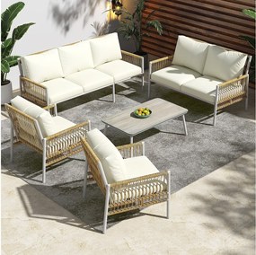 Zestaw mebli ogrodowych modułowych 7-osobowych ze stali ocynkowanej: 1 sofa 3-osobowa + 1 sofa 2-osobowa + 2 fotele + 1 stolik kawowy - Beżowy