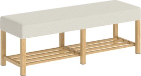 HOMCOM 140 cm Ławka na buty z drewna litego, nowoczesna ławka do przedpokoju z tapicerowanym siedziskiem dla dwóch osób, naturalne drewno i kremowy kolor | Aosom PL