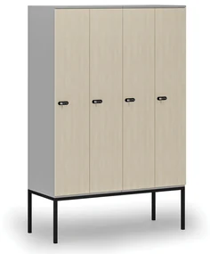 Drewniana szafa ubraniowa z podstawą, 4-drzwiowa, 1871 x 1200 x 500 mm, zamek mechaniczny z kodem, szary/brzoza