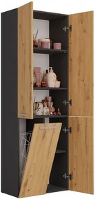 Regał do łazienki z koszem antracyt + dąb artisan - Kemi 3X