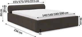 Ciemnoszare tapicerowane łóżko dwuosobowe ze schowkiem i stelażem 180x200 cm Cille – Ropez