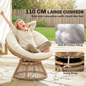 Outsunny Fotel Papasan 360° obrotowy z poduszką stalowa rama okrągły fotel z rattanu fotel wypoczynkowy kremowy | Aosom PL