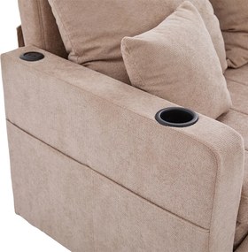 Rozkładana sofa z kieszeniami bocznymi i uchwytami na kubki, portami ładowania USB – khaki szenil
