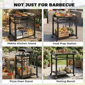 Outsunny Outdoorowy wózek grillowy, Stojak na piec do pizzy z metalową powierzchnią, 2-poziomowa mobilna stacja kuchennych z haczykami i uchwytami, Czarny | Aosom PL
